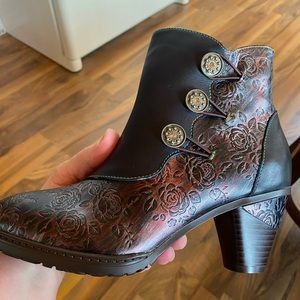 New Retro Handmade floral stitching button boots 37 (US 6) Black zip